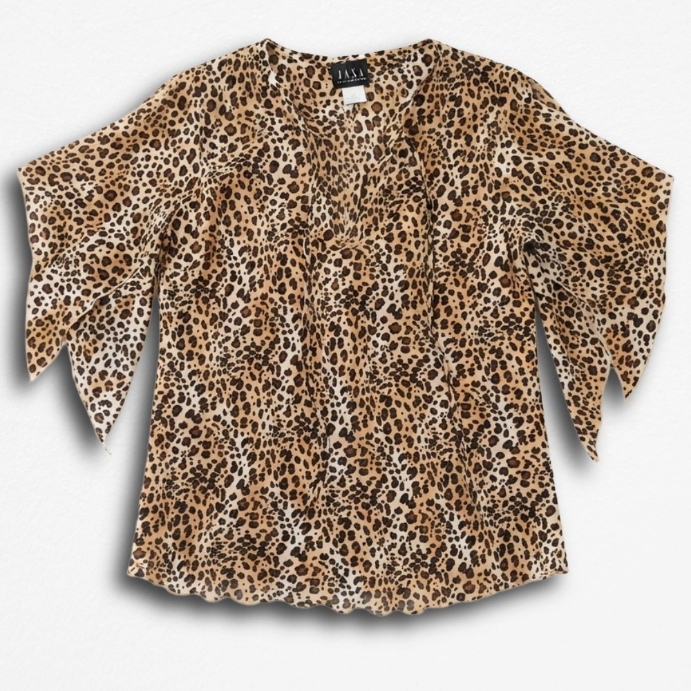 JKLA Leopard Print Split Sleeve Tie Neck Blouse Y2K Animal Pattern Top Small